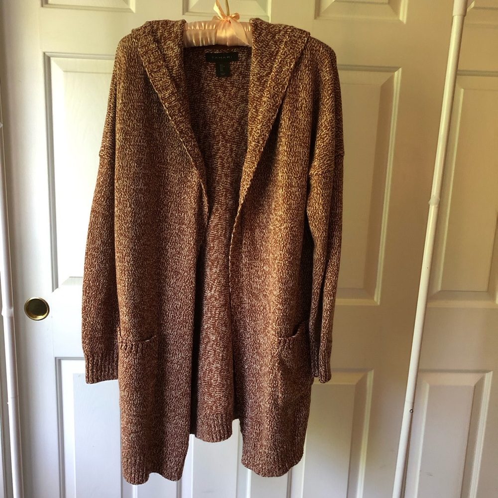 Tahari Marled Hooded Open-Front Cardigan - Brown